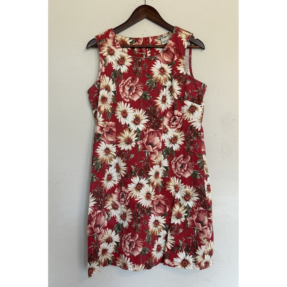 Vintage Y2K 90s Faded Glory Floral Shift Dress 12 Red Sunflower Pinafore Grunge - Picture 1 of 6